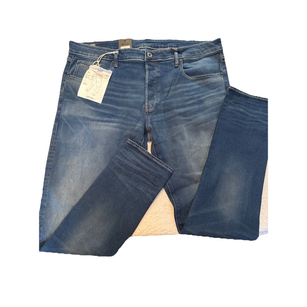 G Star RAW Jeans Mens 32/38 Blue 3301 Straight Button Fly Denim NWT